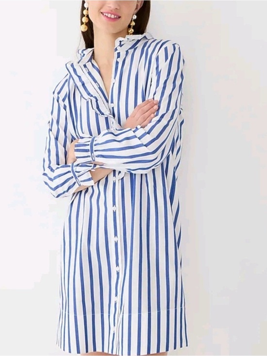 Dresses & Skirts - J.Crew Blue White Striped Cotton Poplin Ruffle Shirt Dress NWOT Size 8